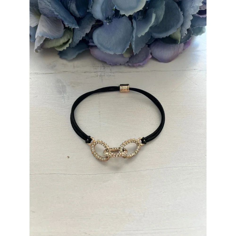 Rhinestone Interlocking Circle Bracelet Black‎ Cord